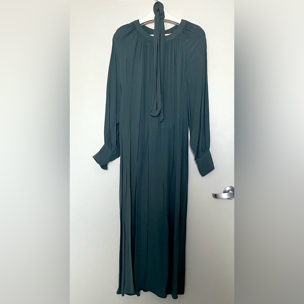 H&M Teal Maxi Dress 100% Viscose Long Sleeve Tie Belt Elegant Flowing Size - L
